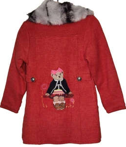 Jiayibaobao-Red Cashmere Wool Coat-Detachable Faux Collar-Embroidered Bear-Lined - Picture 1 of 12