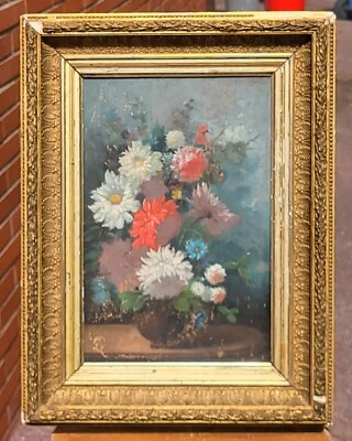 Tableau ancien signé.  Bouquet de Fleurs.  Peinture huile sur panneau de bois. - Photo 1/4