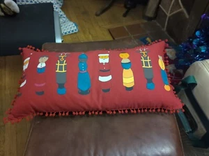 Crate & Barrel Winder Christmas Pillow Red Santa Reindeer Nutcrackers Feather - Picture 1 of 4