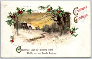 Postcard Christmas Greetings Snowy Scene Holly Border - Picture 1 of 2