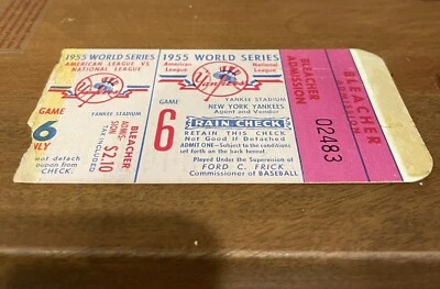 1955 年世界系列赛 6 号门票存根布鲁克林道奇队纽约洋基队怀特福特 CG — 第 1/4 张图片