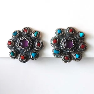 Taxco Sterling Silver Coral Amethyst Turquoise Gemstone Concho Earring TP 102 - Picture 1 of 10