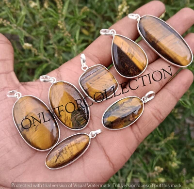 Natural Tiger's Eye Gemstone 925 Sterling Silver Plated Bezel Pendants Lot 10pcs - Изображение 1 из 4