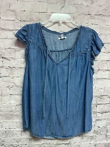 Camicetta donna Lauren Conrad LC denim scollo a V con volant taglia large - Foto 1 di 4