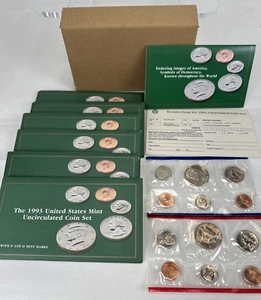 6 1993 P&D Mint Set Uncir US with Envelope & COA (10 Coin Set) and Original Box - Picture 1 of 13