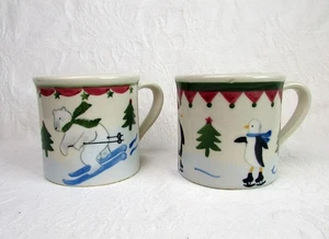 2 Hartstone Pottery Holiday PINGUIN, EISBÄR Becher Eislaufen Skifahren Weihnachten - Bild 1 von 7