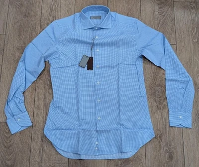 $395 Mens CANALI Micro Grid Cotton Dress Shirt Light Blue 40 US 15.75 Slim Fit - Image 1 of 4