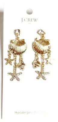 J.Crew Factory Seashell and Starfish Dangly Earrings Gold Plated Brass CK604 New - Image 1 of 4
