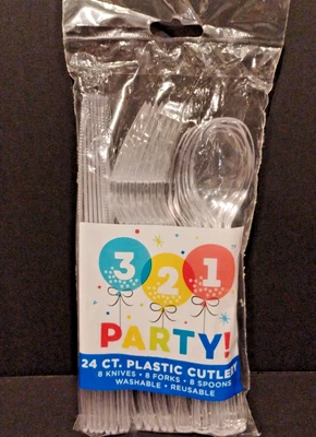 Cubiertos de plástico reutilizables de alta resistencia - Cucharas, tenedores, cuchillos transparentes de 24 quilates Foto 1 de 2