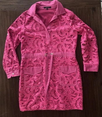 Badgley Mischka Guipur Lace Dress Womens 12 Pink Roll Tab Sleeve Business Casual - Image 1 of 4