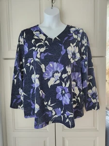 Chicos Floral Growth Soft Shimmer Top 4 XXL 20 Blue V Neck Long Sleeve NWT - Picture 1 of 13