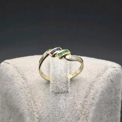 Ring Gold 585er mit Saphir, Smaragd und Diamanten, Goldring Gelbgold Damenring  - Bild 1 von 4