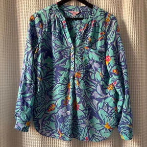 Lilly Pulitzer Elsa Mai Tai Seide Bluse Tunika Top goldfarbene Knöpfe Gr. Medium - Bild 1 von 5