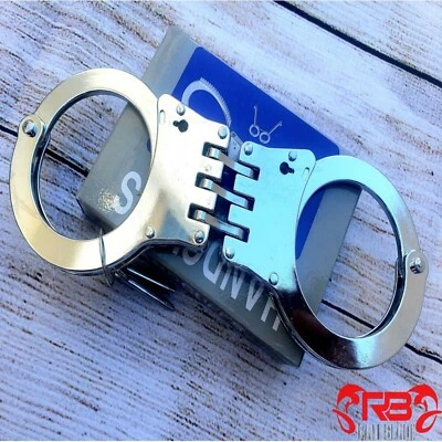 DEFENDER NEW Police Silver STEEL HINGED DOUBLE LOCK SECURITY HANDCUFFS W KEYS Heavy Duty