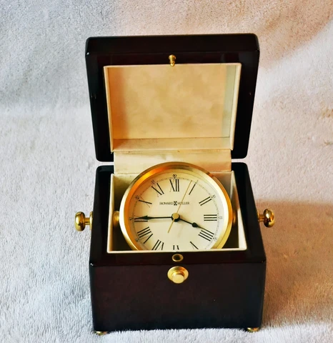 Howard Miller Brass Desk Clock 645-443 Gimbaled Wood Box Dial Cover