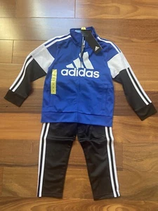 Adidas Kids Two Piece Tricot Jacket Pant Set Boys Size 5 Blue Black White NEW - Picture 1 of 11