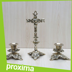 Christian Catholic Table Desk Shelf Mantel Brass Cross Crucifix Candlesticks Set