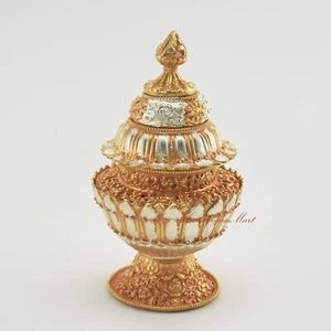 Neshi/Dhupur budista tibetano tallado a mano enchapado en oro y plata - Imagen 1 de 4