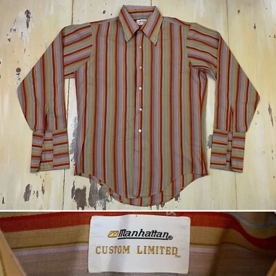MANHATTAN - Vtg 1970s French Cuff Multi Color Striped Dress Shirt, Mens 15 x 33 - Image 1 of 4