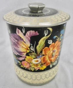 Storage Tin Canister Container England Pink Blue Yellow Purple Flowers Silver O - Picture 1 of 11
