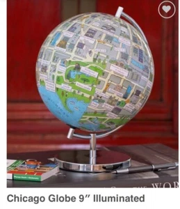 Globee 9 inch ILLUMINATED GLOBE of CHICAGO, IL-LANDMARKS Chrome Silver Stand  - Picture 1 of 12