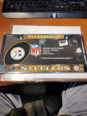 Placa de matrícula Pittsburgh Steelers (marco de metal) con llavero Steelers y tapabotellas Foto 1 de 4