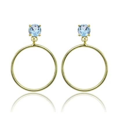 Yellow Gold Flashed 925 Silver 6mm Blue Topaz Dangling Round Hoop Stud Earrings - Image 1 of 3