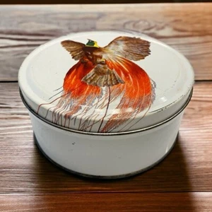 Vintage Birds of Paradise Empty Cookie Cake Tin White Round Farmhouse Decor - Picture 1 of 6