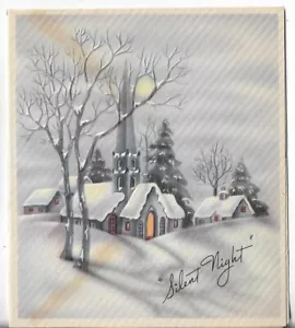 VTG Christmas Card 4x4.75 Gray Church Covered in Snow - Silent Night - Picture 1 of 3