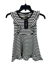 Love Alexa Girls Striped Dress Size 6 Black White Ruffle Sleeve Stretch Casual N - Picture 1 of 4
