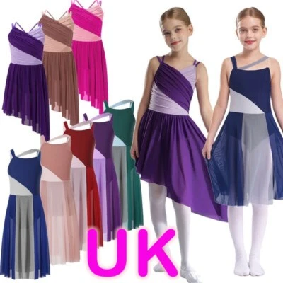 UK Girls Kids Lyrical Ballet Dance Dress Mesh Color Block Modern Contemporary - Image 1 of 3