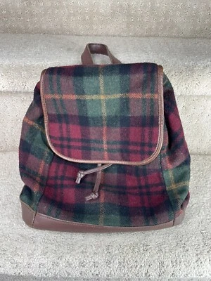 Vintage LL Bean Backpack Purse Wool Red Green Plaid Brown Leather Trim Mini - Image 1 of 4