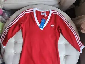 adidas originals Adicolor 3-Stripes Maxi Dress Red V Neck Sz L BNWT - Picture 1 of 19