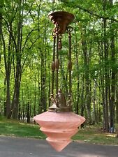 Antique Art Deco Pendant Hanging Light Fixture Brass  Pink Frosted Glass Lamp