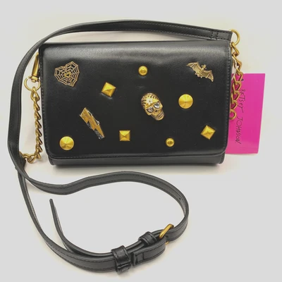 Betsey Johnson Studded Crossbody Clutch Wallet Bag Black Gold Skull Bat Goth NWT - Image 1 of 4