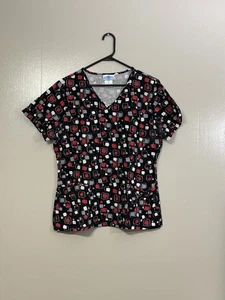 Scrubs Women Scrub Top M Black Red Geometric Medical Uniform Nurse       C87 - Picture 1 of 8
