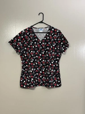Scrubs Women Scrub Top M Black Red Geometric Medical Uniform Nurse       C87 - Image 1 of 4