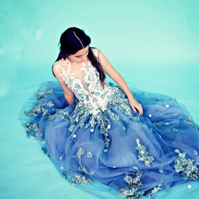 Vestido de novia azul polvoriento vestidos de novia ilusión floral encaje corpiño hecho a medida Foto 1 de 4