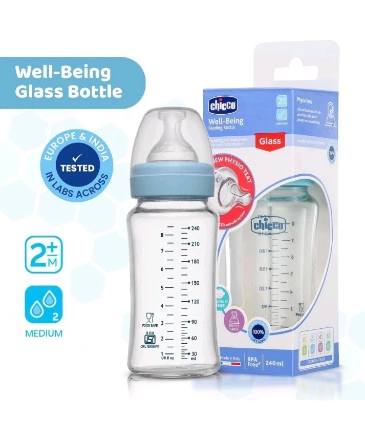 Biberón de vidrio Chicco Wellbeing (azul) T medio) 240 ml 2+ meses vendedor de EE. UU. Foto 1 de 4