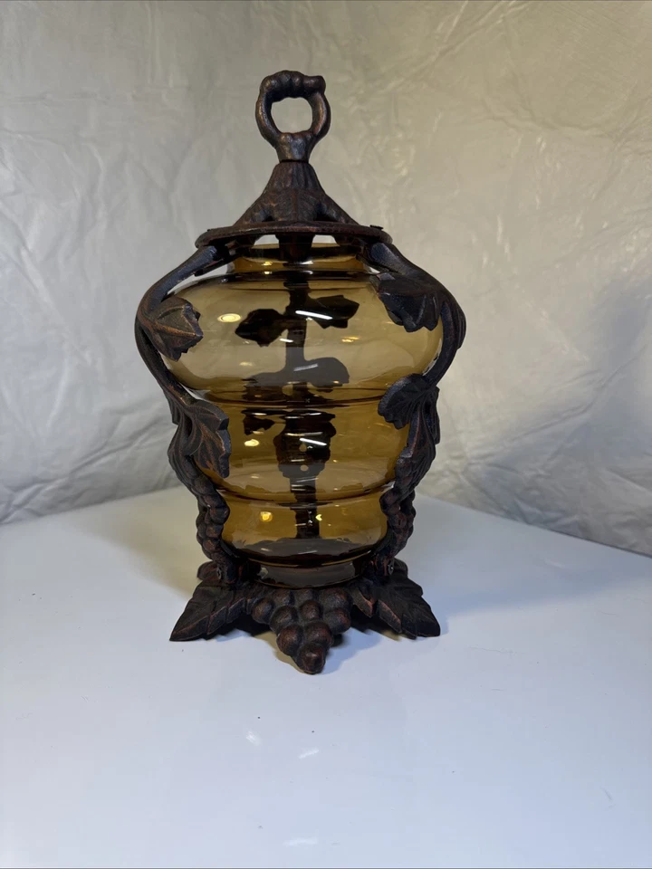 Hand Crafted Blown Caged Art Glass Amber  Light Fixture Globe Grape Vintage 8.75 - Image 1 of 4