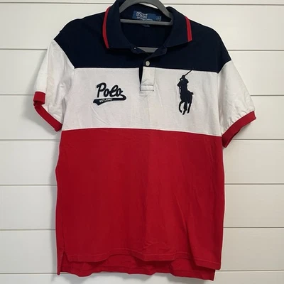 Vintage 90s Polo Ralph Lauren Striped Rugby Custom Fit Shirt Youth Size L Horse - Image 1 of 4