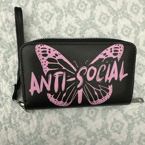Cartera Muñequera Mariposa Antisocial Negra y Rosa Cierre de Cremallera, Nueva Sin Etiquetas - Imagen 1 de 4
