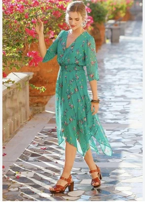 Cato High Low Dress Green Chiffon V-Neck Smocked Waist Midi Peasant Flowy Size L - Image 1 of 4