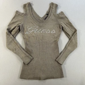 Suéter Top Y2K Guess Marrón S Manga Larga Ajustado Elegante Cuello en V - Imagen 1 de 5