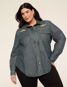 Nuova con etichette - Camicia Lane Bryant denim con applicazioni e bottoni taglia 14/16 - prezzo al pubblico consigliato $94,95 - Foto 1 di 4