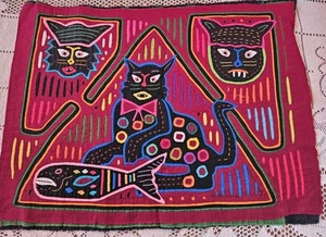 Vintage Mola umgekehrte Applikation Textil Volkskunst Stoff Panel Katzen mit Fisch - Bild 1 von 5