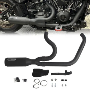 Black 2-into-1 Exhaust Pipe System Muffler For Harley Softail FXFBS FLDE FXLRST - Picture 1 of 12