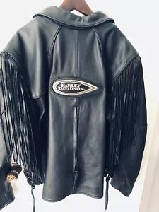  Harley Davidson leather jacket women's Lg blk w fringe Emblem beautiful - Picture 1 of 9