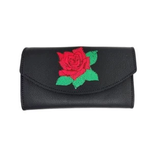 Women's Wallet Black Leather with Embroidered Red Rose Design Checkbook - Picture 1 of 6