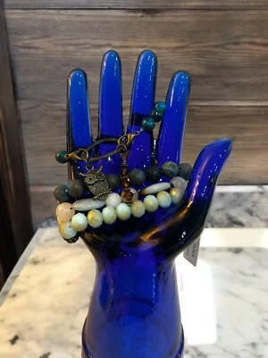 Pomina & Others Semi Precious Bracelet Set (4) Green & Brown Bead Owl Charm Boho — 第 1/4 张图片